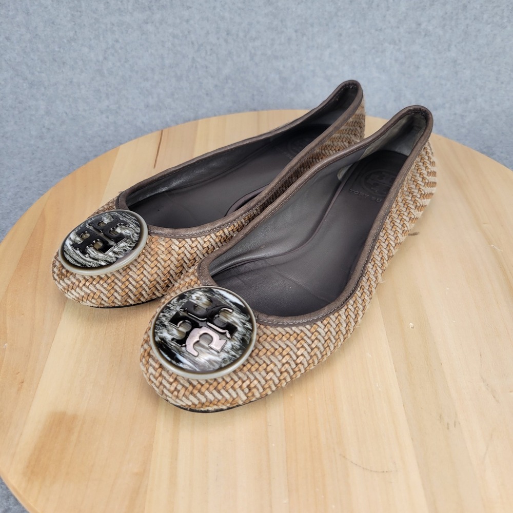 Tory Burch Reva Ballet Flats Women 9 Tan Brown Woven Raffia Logo Medallion
